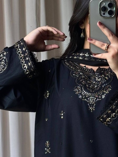 Stunning Black Roman Silk Kurti Palazzo Set with Embroidered Dupatta For Party Wear Ready To Wear Collection