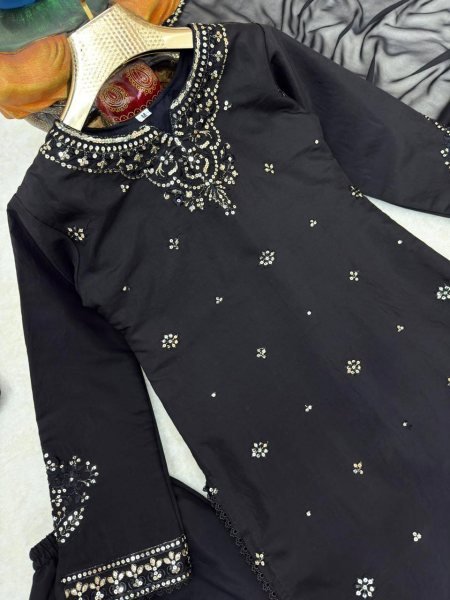 Stunning Black Roman Silk Kurti Palazzo Set with Embroidered Dupatta For Party Wear Ready To Wear Collection
