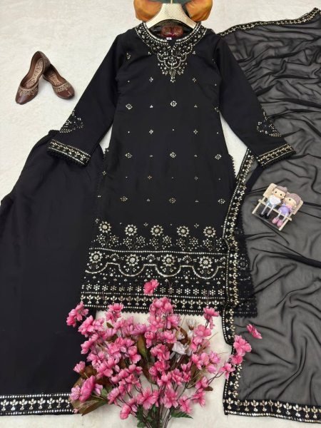 Stunning Black Roman Silk Kurti Palazzo Set with Embroidered Dupatta For Party Wear Ready To Wear Collection