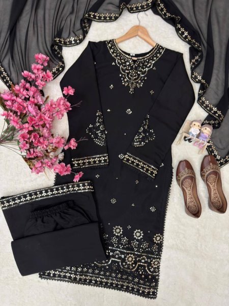 Stunning Black Roman Silk Kurti Palazzo Set with Embroidered Dupatta For Party Wear Ready To Wear Collection