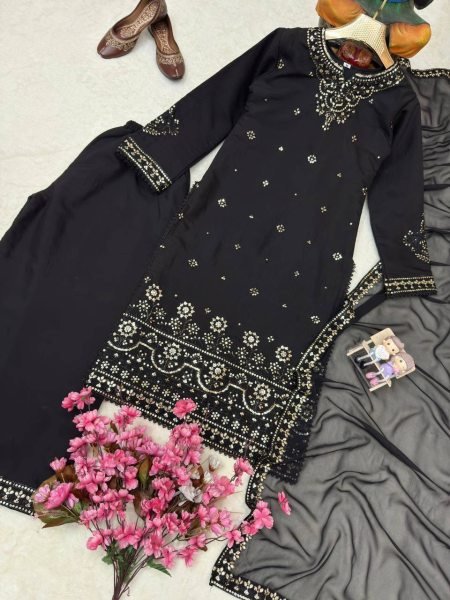 Stunning Black Roman Silk Kurti Palazzo Set with Embroidered Dupatta For Party Wear Ready To Wear Collection