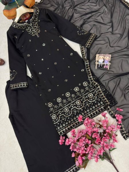 Stunning Black Roman Silk Kurti Palazzo Set with Embroidered Dupatta For Party Wear Ready To Wear Collection
