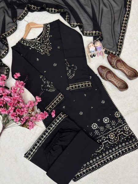 Stunning Black Roman Silk Kurti Palazzo Set with Embroidered Dupatta For Party Wear Ready To Wear Collection