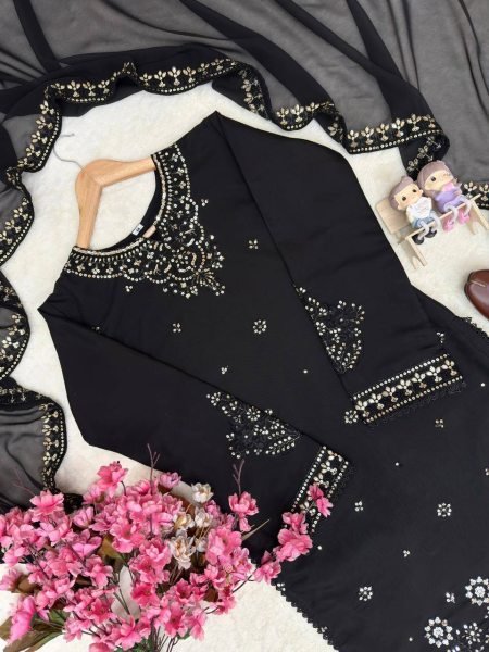 Stunning Black Roman Silk Kurti Palazzo Set with Embroidered Dupatta For Party Wear Ready To Wear Collection