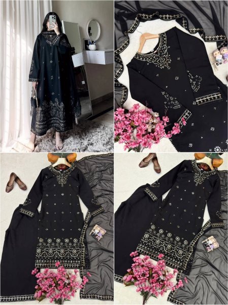 Stunning Black Roman Silk Kurti Palazzo Set with Embroidered Dupatta For Party Wear Ready To Wear Collection