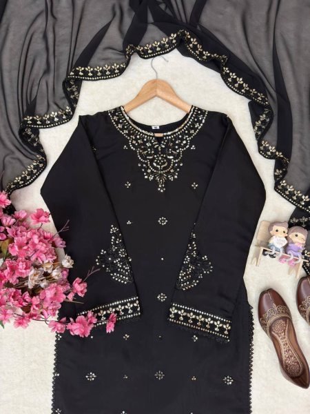 Stunning Black Roman Silk Kurti Palazzo Set with Embroidered Dupatta For Party Wear Ready To Wear Collection
