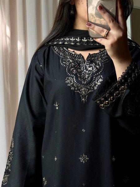 Stunning Black Roman Silk Kurti Palazzo Set with Embroidered Dupatta For Party Wear Ready To Wear Collection
