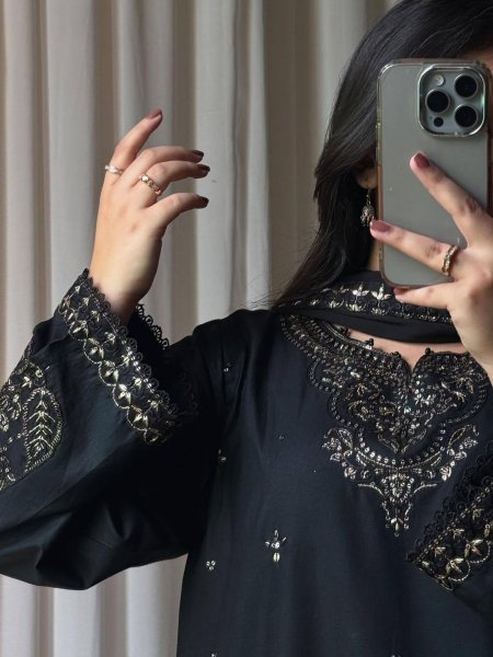 Stunning Black Roman Silk Kurti Palazzo Set with Embroidered Dupatta For Party Wear Ready To Wear Collection