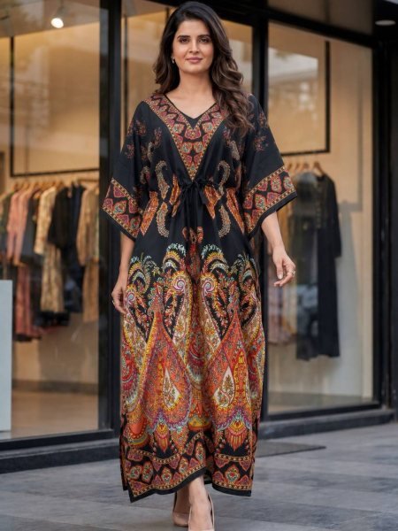 Stunning Black Women's Long Printed Kaftan with Soft Heavy French Crepe Fabric Kaftan 