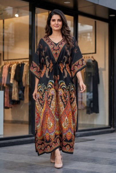 Stunning Black Women's Long Printed Kaftan with Soft Heavy French Crepe Fabric Kaftan 