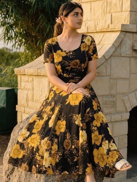 Stunning Black Yellow Flower Printed Linen Midi Dress with Scoop Neck Design 