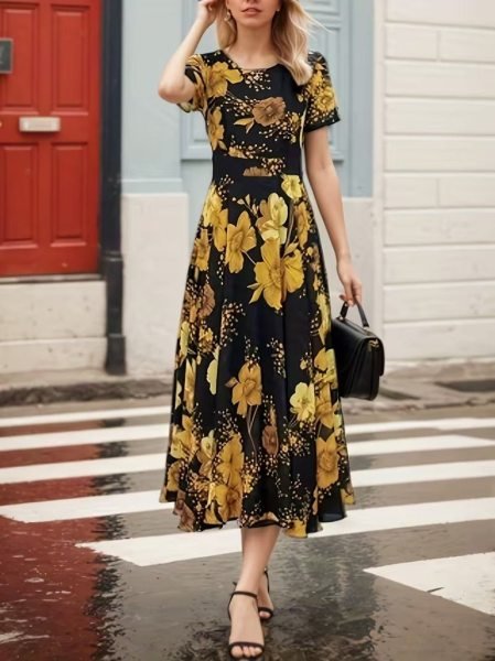 Stunning Black Yellow Flower Printed Linen Midi Dress with Scoop Neck Design Western Ladies Top Wholesale