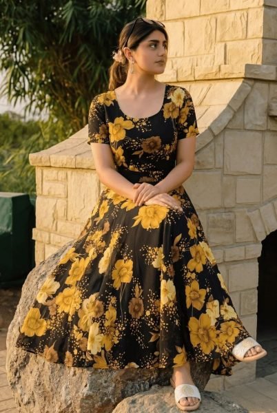 Stunning Black Yellow Flower Printed Linen Midi Dress with Scoop Neck Design Western Ladies Top Wholesale