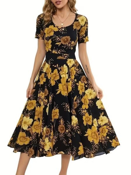 Stunning Black Yellow Flower Printed Linen Midi Dress with Scoop Neck Design Western Ladies Top Wholesale