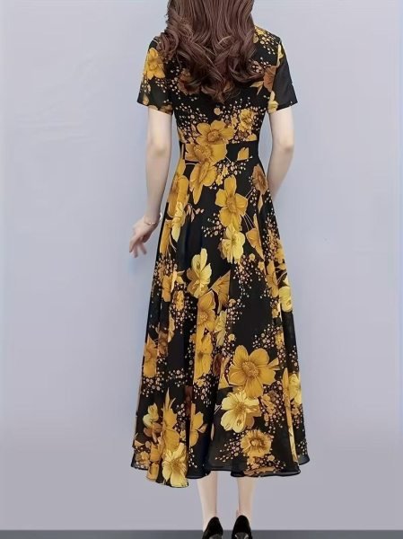 Stunning Black Yellow Flower Printed Linen Midi Dress with Scoop Neck Design Western Ladies Top Wholesale