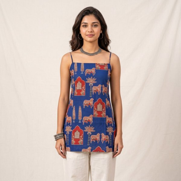 Stunning Blue Cotton Digital Print Short Kurti for Women Daily Wear Full Set Kurti