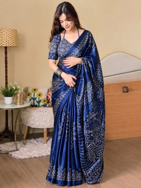 Stunning Blue Premium Chinon Silk Digital Print Saree with Piping Work for Festival Sarees 