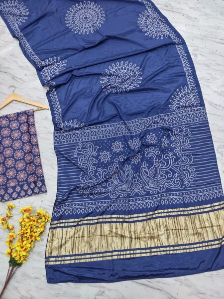 Stunning Blue Premium Chinon Silk Digital Print Saree with Piping Work for Festival Silk Sarees Wholesale