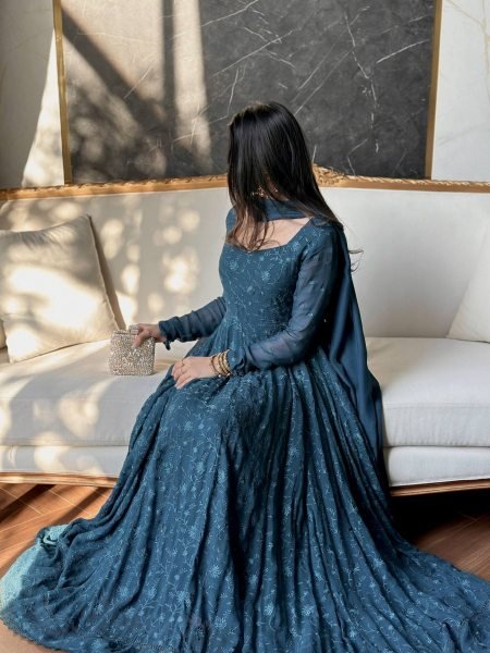 Stunning Blue Premium Embroidered Anarkali Gown with Dupatta for Festive Celebrations Ready To Wear Suit
