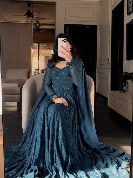 Stunning Blue Premium Embroidered Anarkali Gown with Dupatta for Festive Celebrations Ready To Wear Collection