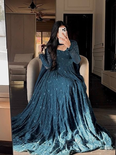 Stunning Blue Premium Embroidered Anarkali Gown with Dupatta for Festive Celebrations Ready To Wear Collection