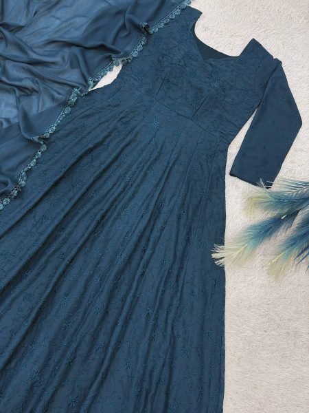 Stunning Blue Premium Embroidered Anarkali Gown with Dupatta for Festive Celebrations Ready To Wear Collection
