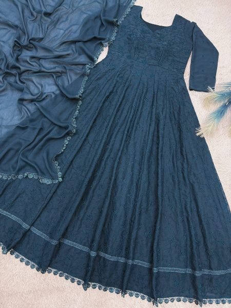 Stunning Blue Premium Embroidered Anarkali Gown with Dupatta for Festive Celebrations Ready To Wear Collection