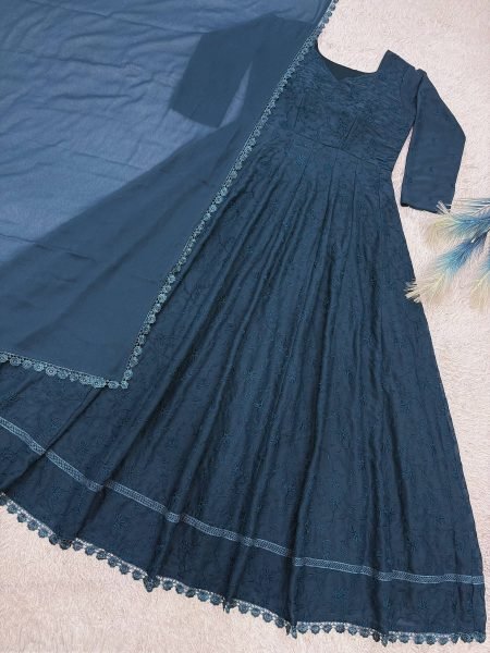 Stunning Blue Premium Embroidered Anarkali Gown with Dupatta for Festive Celebrations Ready To Wear Collection