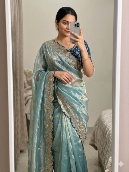 Stunning Blue Trending Satin Saree with Dual Shade Design for Women Sarees 