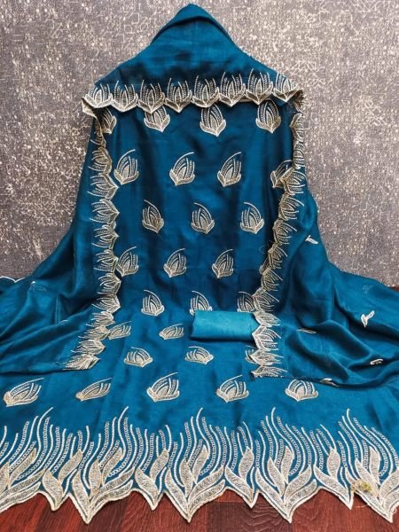 Stunning Blue Vichitra Silk Top With Intricate Embroidery And a Matching Dupatta.  Color Set Matching Dress Material Wholesale