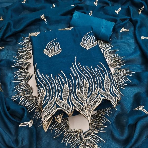 Stunning Blue Vichitra Silk Top With Intricate Embroidery And a Matching Dupatta.  Color Set Matching Dress Material Wholesale