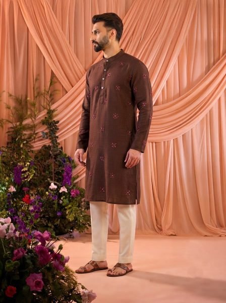 Stunning Brown Men’s Festive Wear Linen Cotton Kurta with Cotton Pajama Kurta Pajama Wholesale