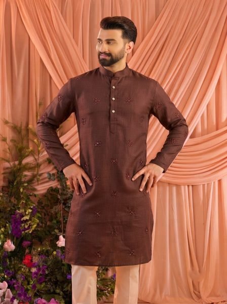 Stunning Brown Men’s Festive Wear Linen Cotton Kurta with Cotton Pajama Kurta Pajama Wholesale