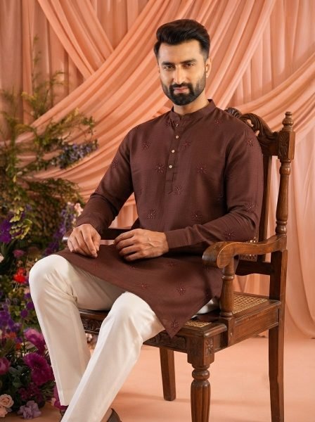Stunning Brown Men’s Festive Wear Linen Cotton Kurta with Cotton Pajama Kurta Pajama Wholesale