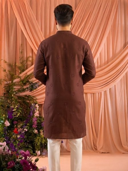 Stunning Brown Men’s Festive Wear Linen Cotton Kurta with Cotton Pajama Kurta Pajama Wholesale