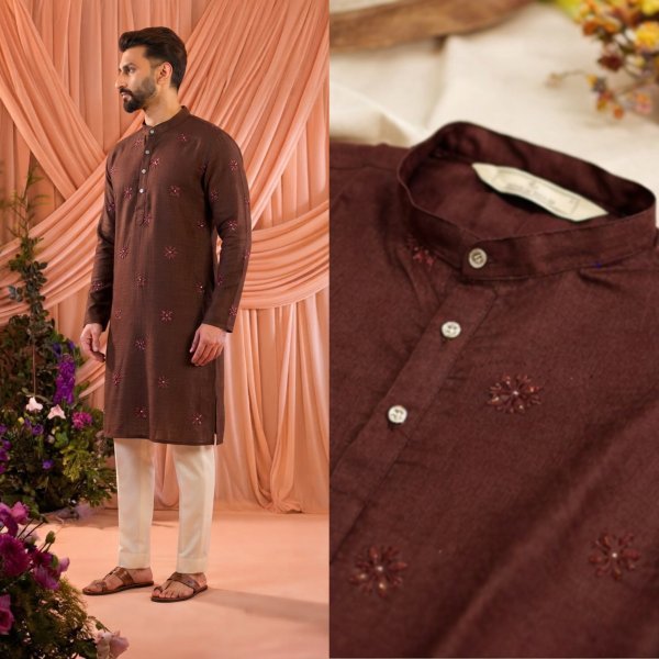 Stunning Brown Men’s Festive Wear Linen Cotton Kurta with Cotton Pajama Kurta Pajama Wholesale