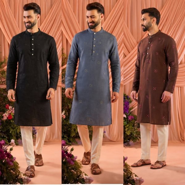 Stunning Brown Men’s Festive Wear Linen Cotton Kurta with Cotton Pajama Kurta Pajama Wholesale