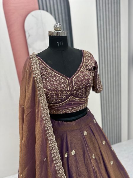 Stunning Brown Reception Wear Lehenga with Intricate Beadwork  Designer Lehenga Choli
