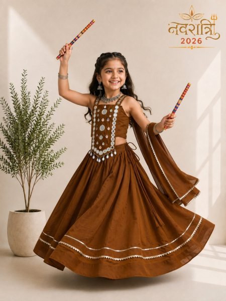 Stunning Brown Roman Silk Chaniya Choli with Handcrafted Mirror Work for Garba Kurtis