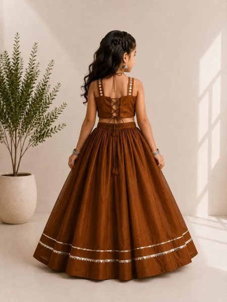 Stunning Brown Roman Silk Chaniya Choli with Handcrafted Mirror Work for Garba Girls Wear