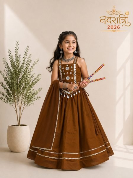 Stunning Brown Roman Silk Chaniya Choli with Handcrafted Mirror Work for Garba Girls Wear