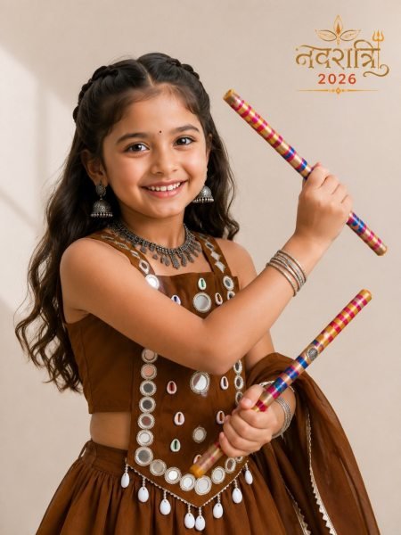 Stunning Brown Roman Silk Chaniya Choli with Handcrafted Mirror Work for Garba Girls Wear
