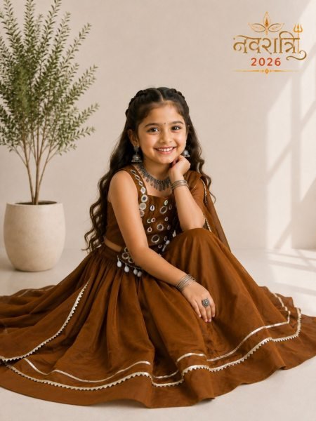 Stunning Brown Roman Silk Chaniya Choli with Handcrafted Mirror Work for Garba Girls Wear