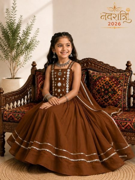 Stunning Brown Roman Silk Chaniya Choli with Handcrafted Mirror Work for Garba Girls Wear