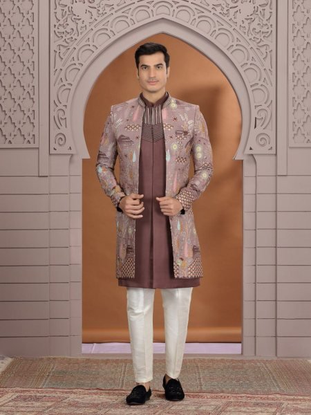 Stunning Brown Wedding Special Art Silk Suit Set with Embroidered Bottom Design Mens Wear