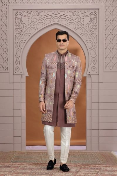 Stunning Brown Wedding Special Art Silk Suit Set with Embroidered Bottom Design Kurta Pajama Wholesale