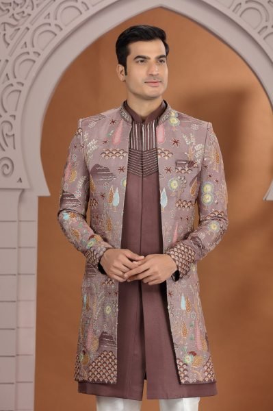 Stunning Brown Wedding Special Art Silk Suit Set with Embroidered Bottom Design Kurta Pajama Wholesale