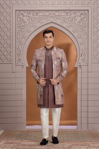 Stunning Brown Wedding Special Art Silk Suit Set with Embroidered Bottom Design Kurta Pajama Wholesale