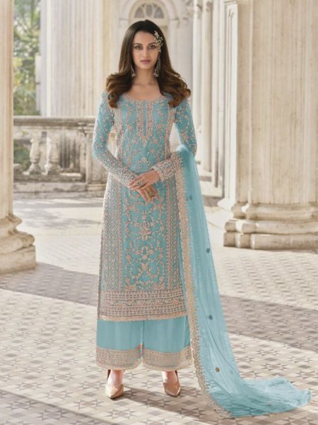 Stunning Sky Blue Butterfly Net Embroidered Salwar Suit with Dupatta at Party Wear 