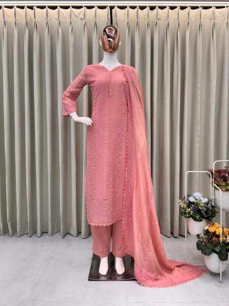 Stunning Chinon Plazzo Suit with Cotton Thread Detailing, GPO Lace Finish, and Full Stitched  